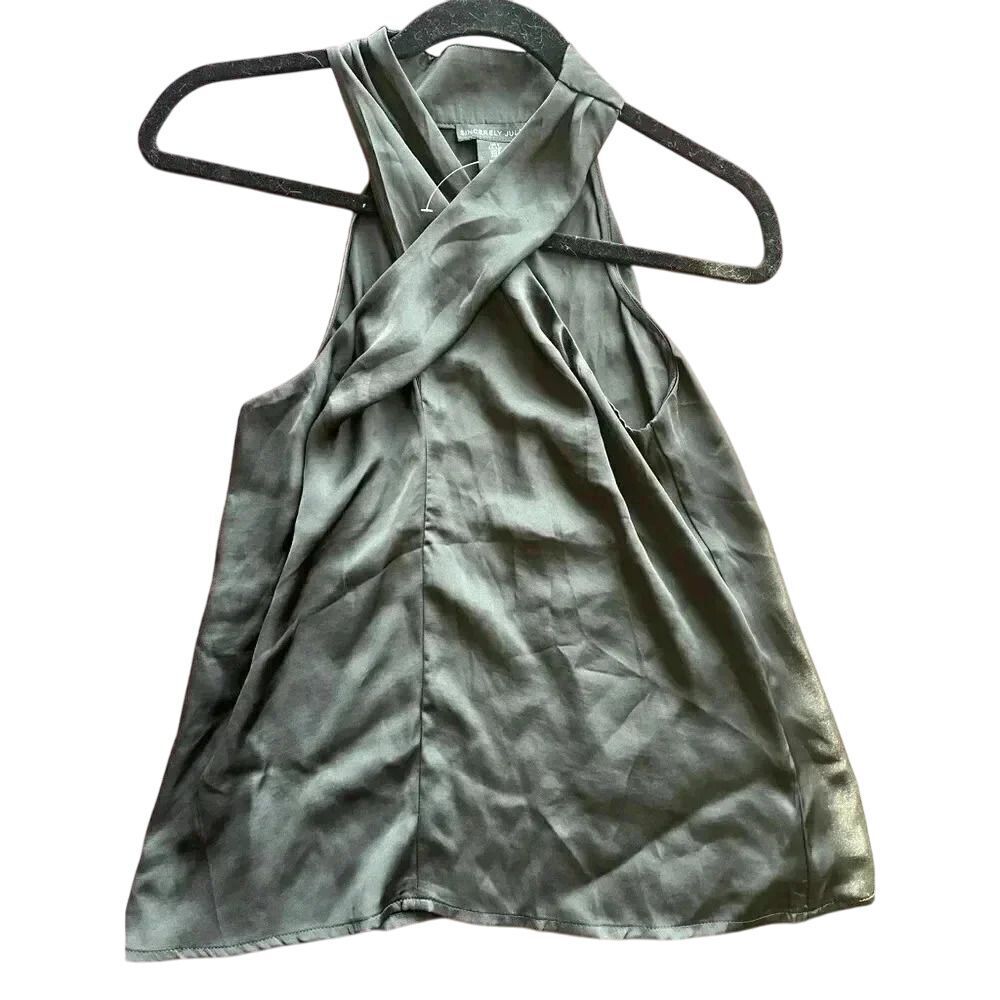 Sincerely Jules Elegant Black Satin Cross-Front Sleeveless‎ Blouse Top
